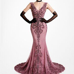 Vintage Y2K Purple Plum Bodycon Beaded Semi Sheer Maxi Prom Dress Size S